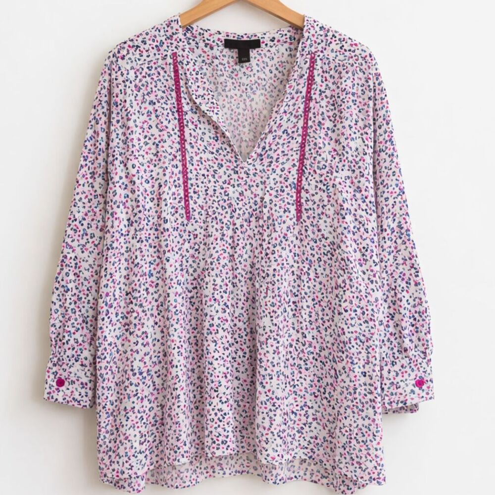 Lane Bryant 22/24 Abstract Floral Popover Top Roll Tab Sleeve Notch Neck Plus